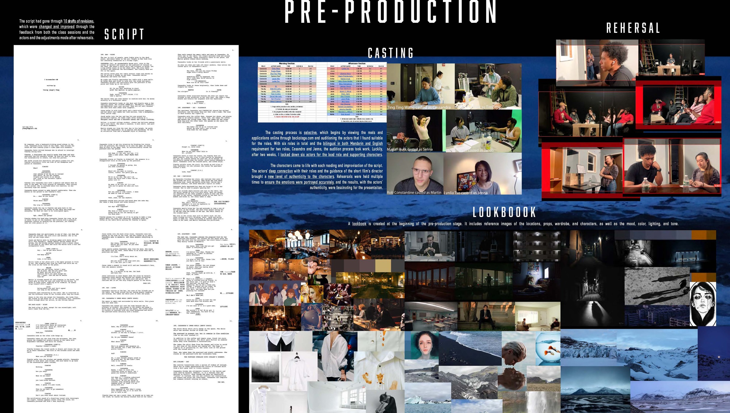 Pre-production archive: script pages, casting, rehearsal, and lookbook
