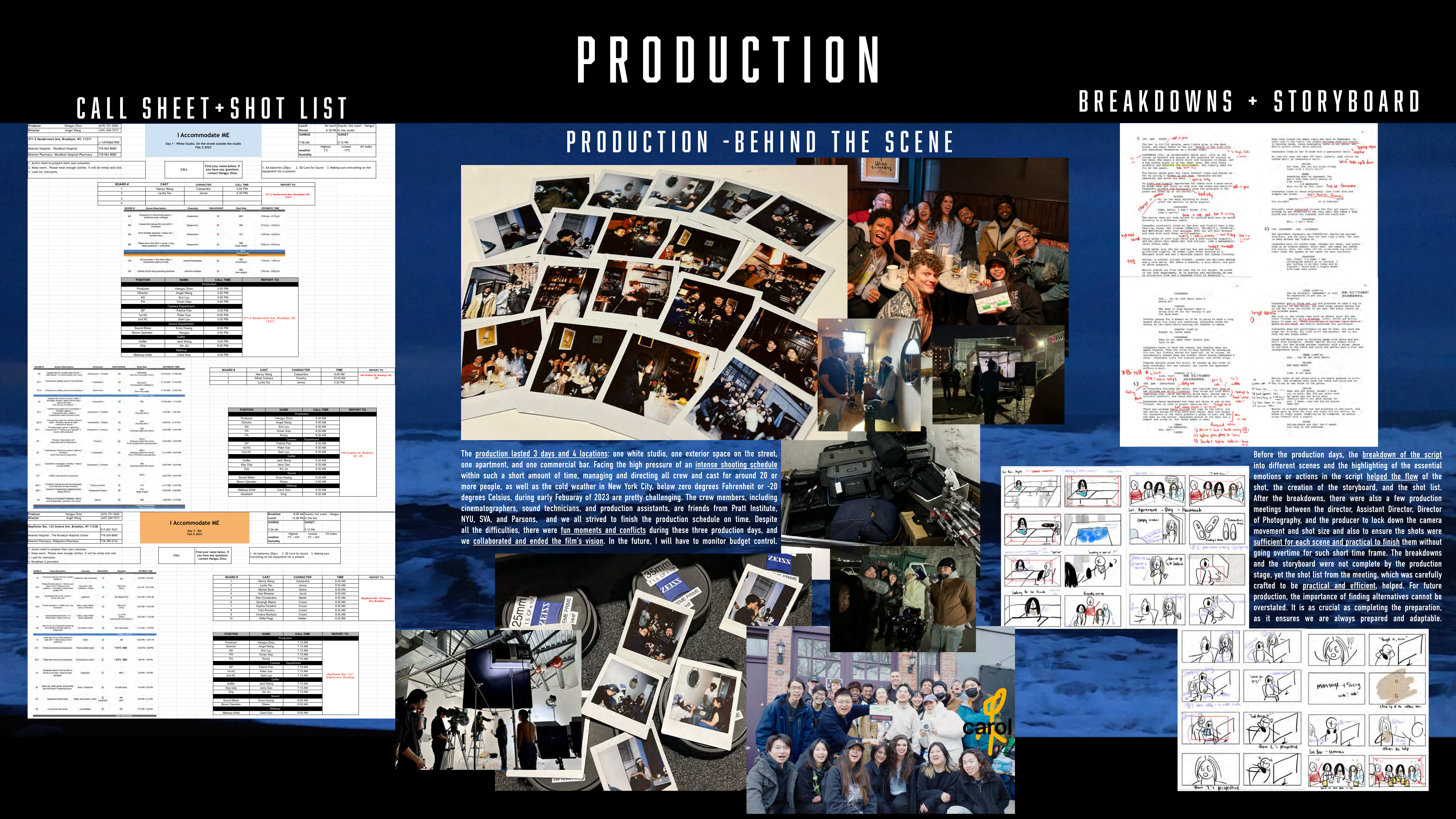 Original production portfolio page, with the complete behind-the-scenes photo arrangement, call sheets, annotations, and storyboards